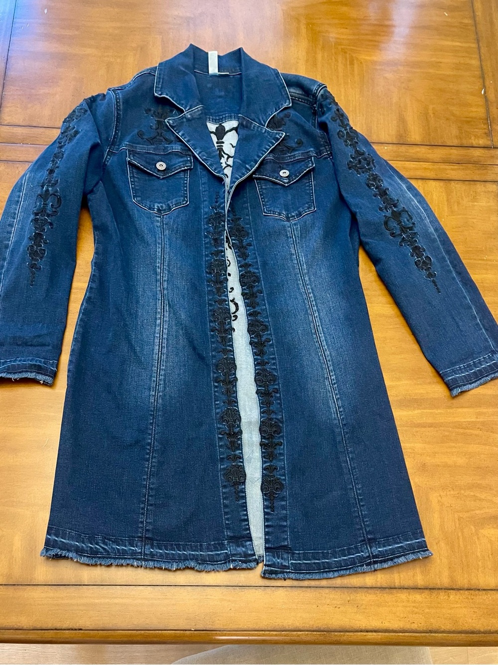 Women’s Dark Blue Embroidered Denim Coat Jacket